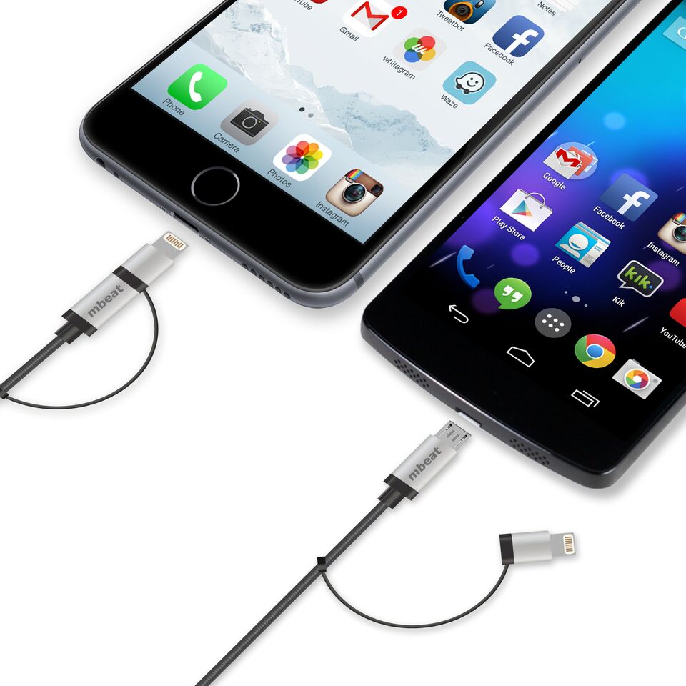 (LS) mbeat® 1m Lightning and Micro USB Data Cable - 2-in-1/Aluminmum Shell Crush-Proof/Nylon Braided/Silver/ Apple/Andriod Tablet Mobile Device