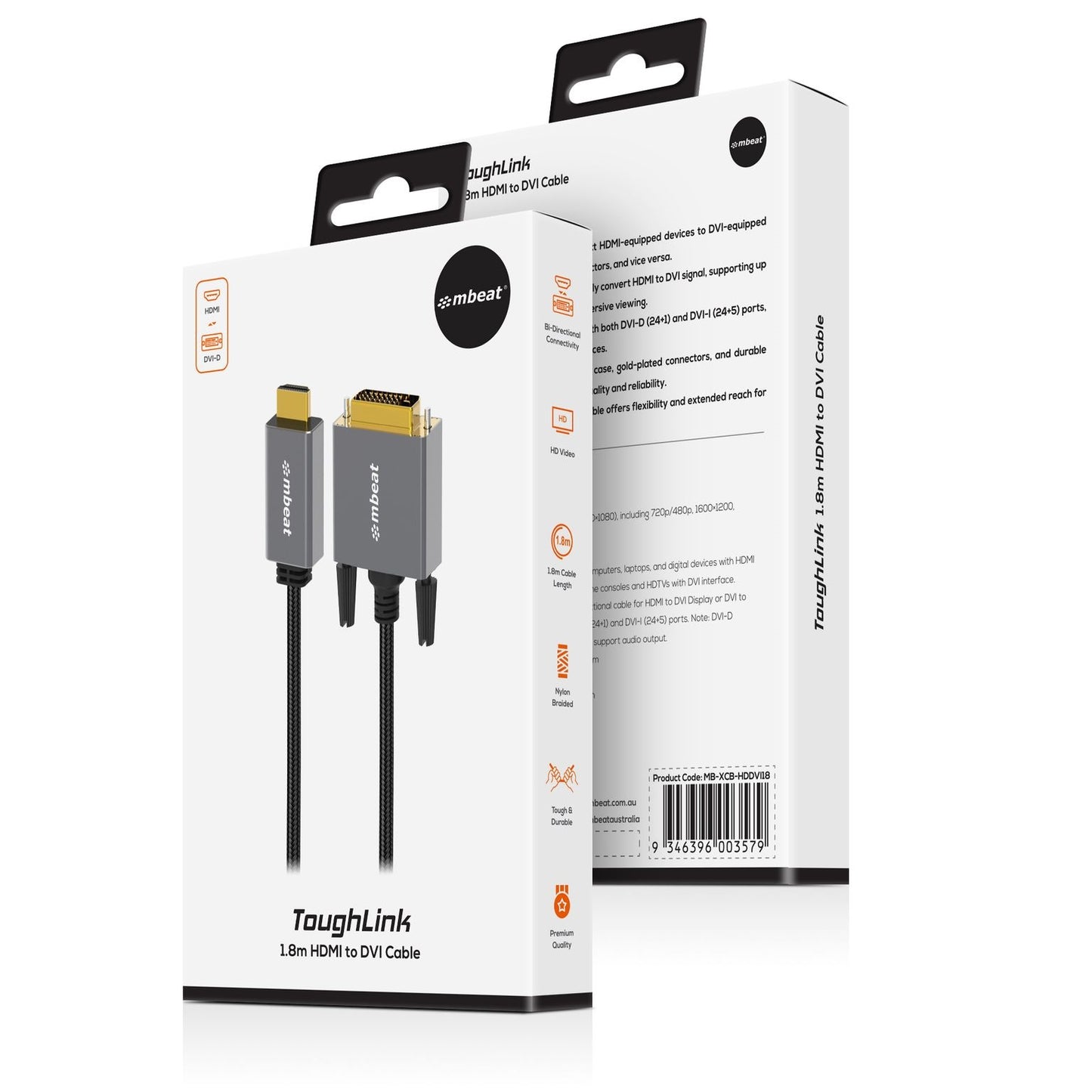 mbeat Tough Link 1.8m HDMI to DVI Cable Up to 1080p@60Hz (1920×1080) Cable Le