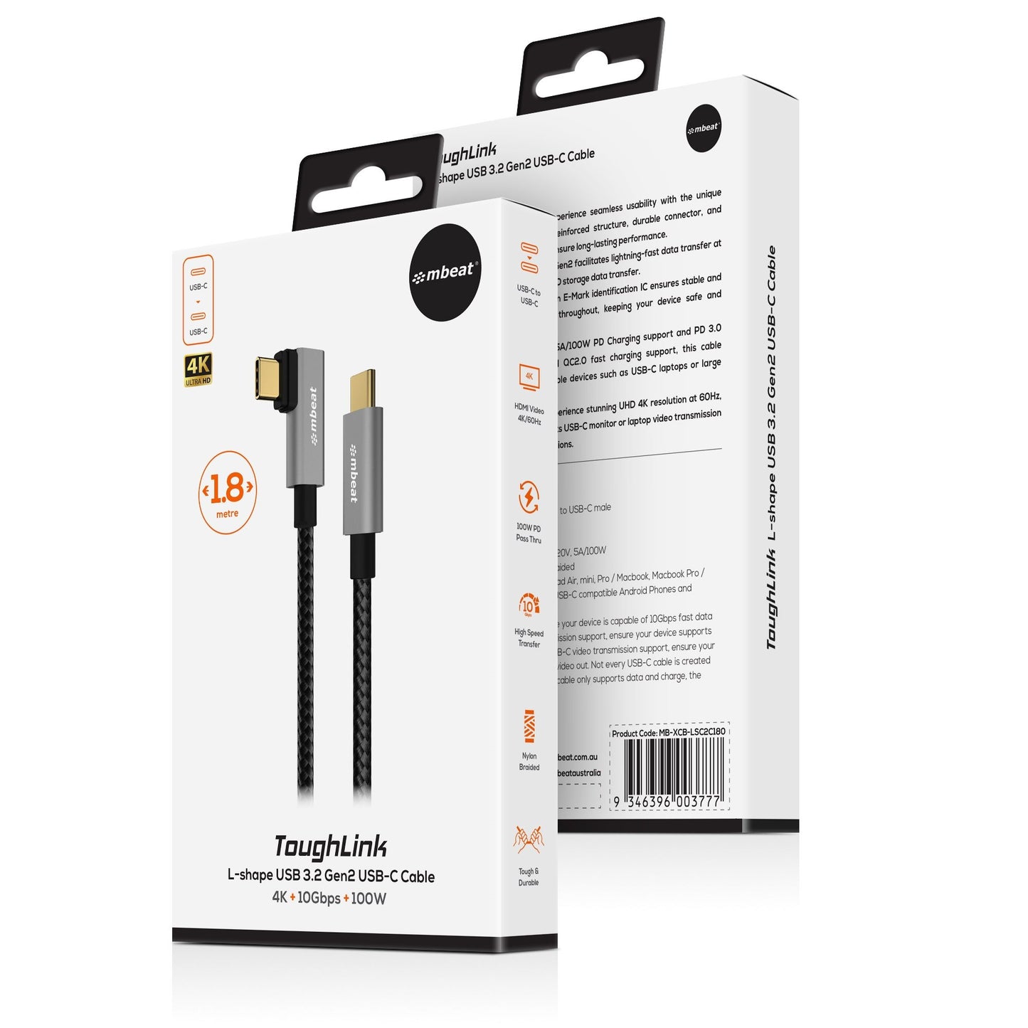 mbeat Tough Link 1.8m L-Shape USB 3.2 Gen2 USB-C Cable - Space Grey Data Transfe