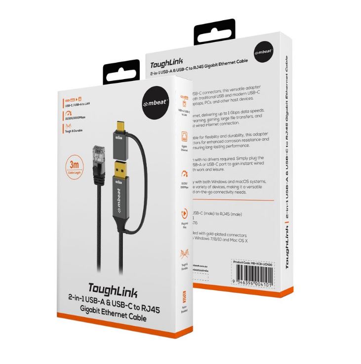 mbeat Tough Link 3m USB & USB-C to RJ45 Ethernet Cable - Space Grey