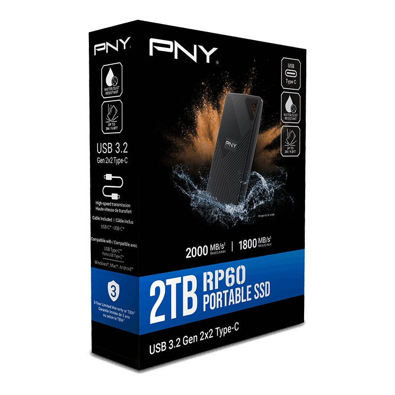 PNY RP60 2TB USB 3.2 Gen 2x2 Type-C Portable SSD Read 2,000 MB/s Write 1,800 MB