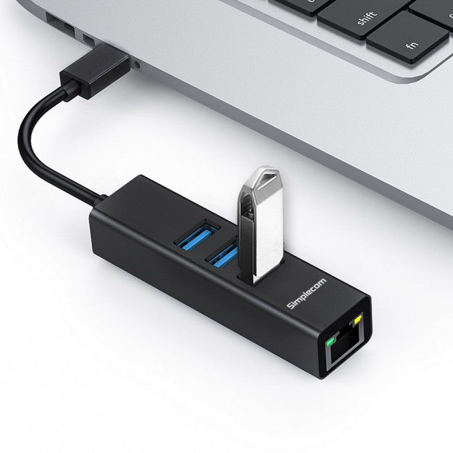 Simplecom CHN421 Black Aluminium USB-C to 3 Port USB HUB with Gigabit Ethernet A