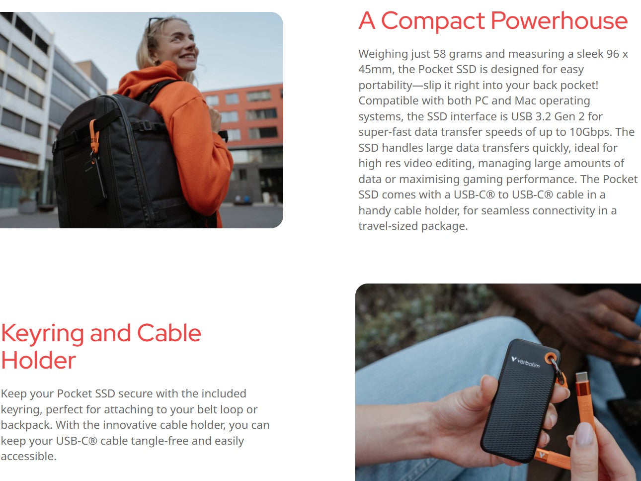 Verbatim 1TB Pocket SSD USB 3.2 Gen 2 1TB Black Orange Convenient Keyring cable