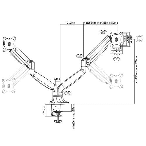 Brateck Dual Monitor Aluminum Interactive Counterbalance Monitor Arm Fit Most 13''-32'' Monitors Up to 9kg per screen VESA 75x75/100x100 (LS)
