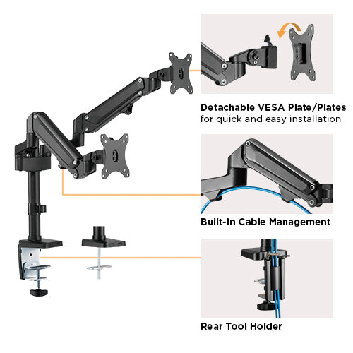 Brateck Dual Monitors Heavy-Duty Aluminum Gas Spring Monitor Arm Fit Most 17''-32'' Up to 12kg per screen VESA 75x75/100x100 (LS)