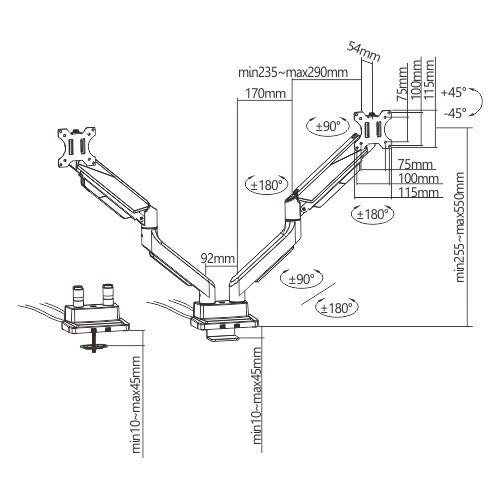 Brateck Dual Monitor Economy Heavy-Duty Gas Spring Monitor Arm with USD 3.0 Ports Fit Most 17'-35' Weight Capacity (per screen 15kg (LS)