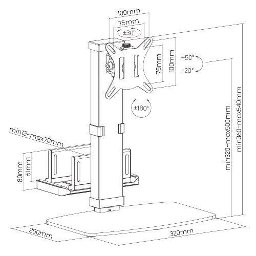 Brateck Vertical Lift Monitor Stand With Thin Client CPU Mount Fit Most 17'-32' Monitor Up to 8KG VESA 75x75,100x100(Black) (LS)