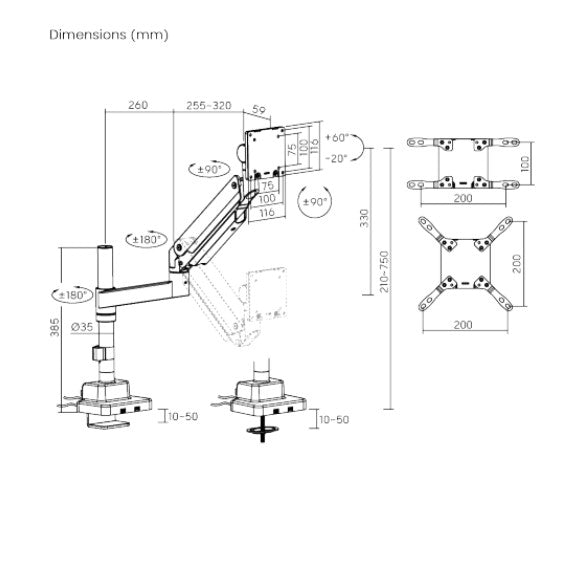 Brateck LDT80-C012UCP Super Heavy-Duty Pole-Mounted Gas Spring Monitor Arm with USB-A and USB-C Ports, Matte Black (LS))