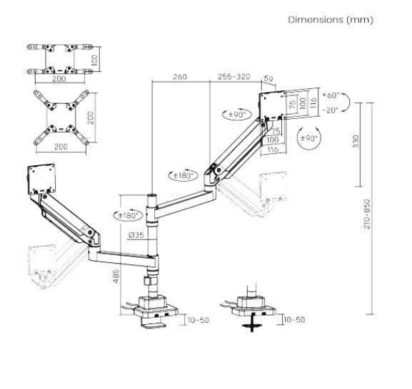 Brateck LDT80-C024UCP Matte Black Super Heavy-Duty Pole-Mounted Gas Spring Dual Monitor Arm with USB-A and USB-C Ports For most 24'-57' Monitors (LS)