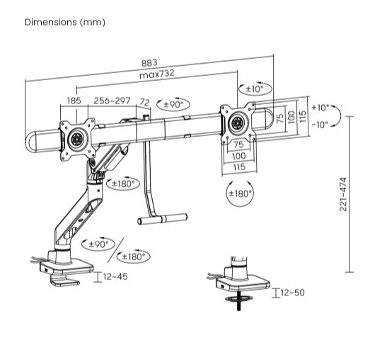 Brateck LDT81-C022UC-B NOTEWORTHY GAS SPRING DUAL MONITOR ARM WITH USB-A/USB-C PORTS Fit Most 17'-32' Monitor Fine Texture Black(LS)