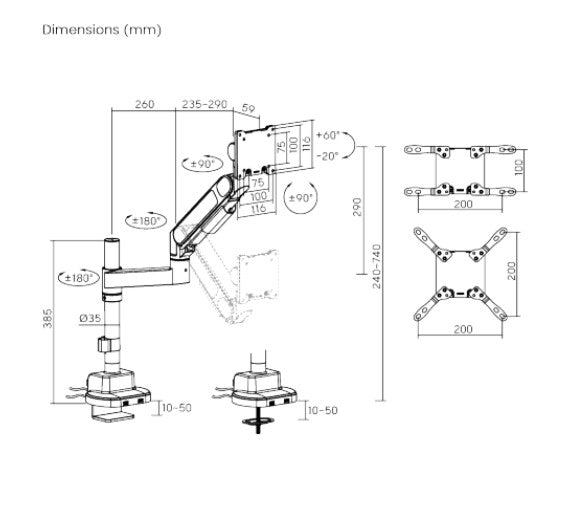 Brateck LDT92-C012UCP-B Future-Proof Heavy-Duty Pole-Mounted Gas Spring Monitor Arm with USB-A/USB-C Ports (LS)