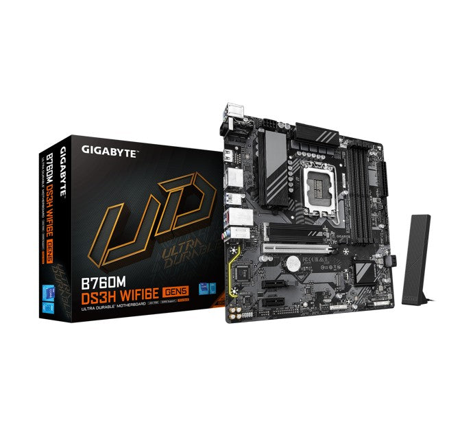 Gigabyte B760M DS3H WIFI6E GEN5 Intel LGA 1700 mATX Motherboard, 4x DDR5 ~256GB, 1x PCI-E x16, 2x M.2, 4x SATA, 5x USB 3.2, 6x USB 2.0