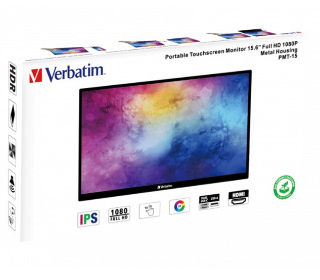 Verbatim 15.6' IPS USB-C Touch Full HD 1920 x 1080, 10 Point Touch, - Tilt, Speaker, Earphone, VESA 50mm x 50mm Business Ultra Portable IOS Monitor
