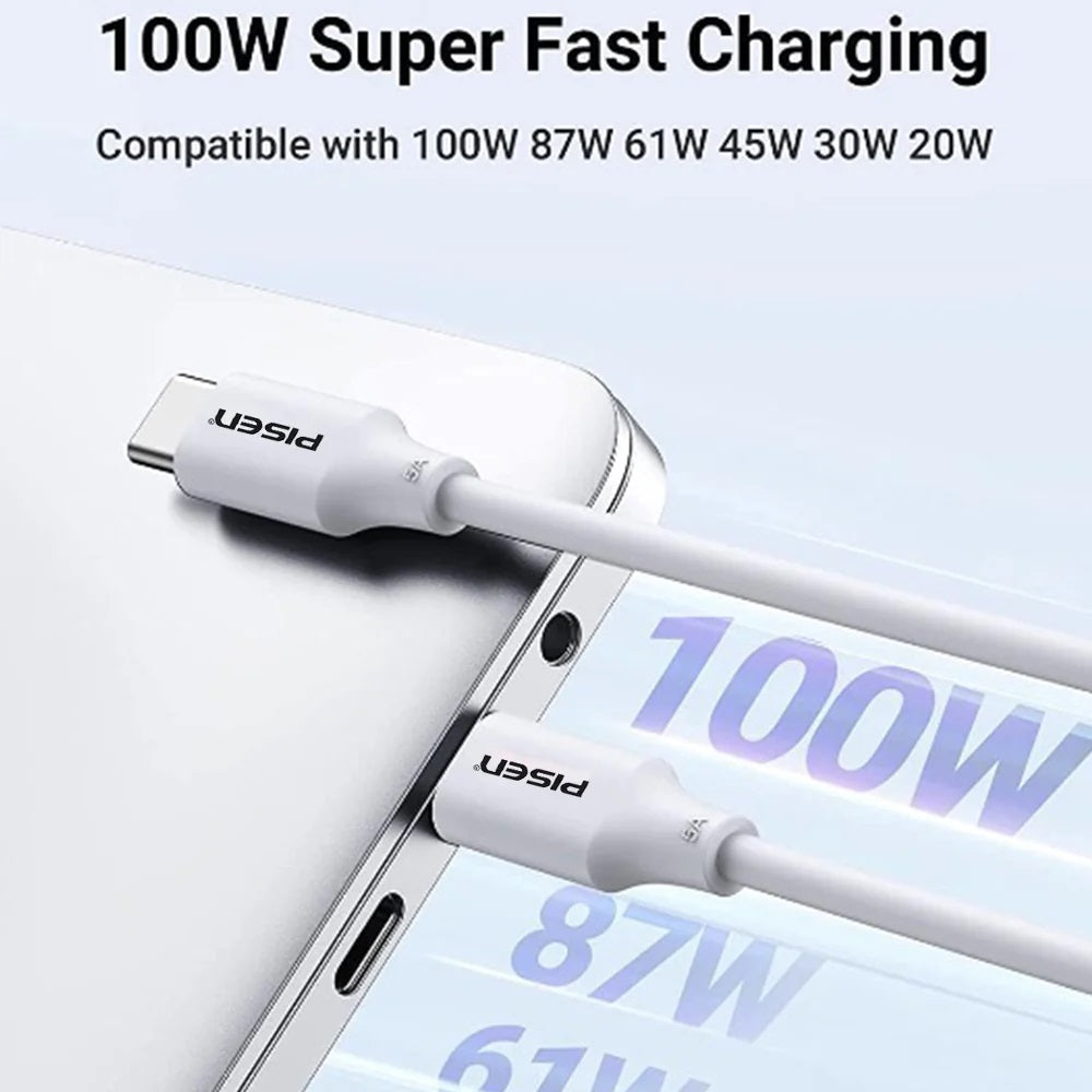 Pisen USB-C to USB-C 100W PD Cable (1M) White - Premium Quality, Fast Charge, 480Mbps, Durable,Samsung Galaxy,Apple iPhone,iPad,MacBook,Google,OPPO