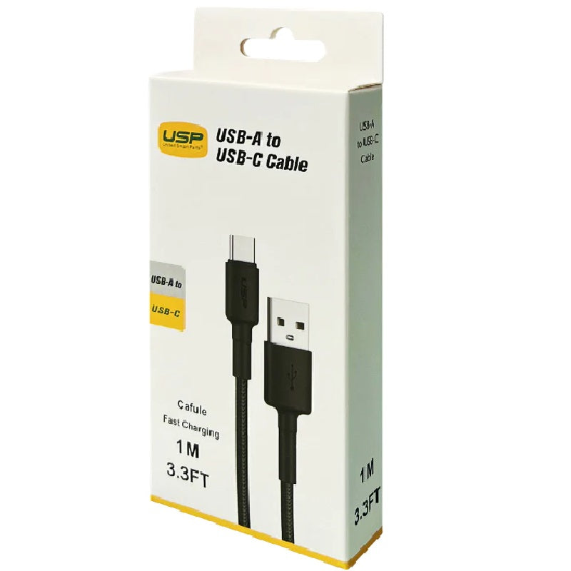 USP BoostUp Braided USB-C to USB-A Cable (1M) Black -3A, Fast Charge, Strong & Durable,Samsung Galaxy,Apple iPhone,iPad,MacBook,Google,OPPO,Nokia