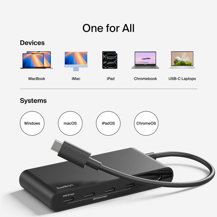 Belkin Connect USB-C to 5-Port USB-C Hub - Black (AVC021fqBK), 100W PD, 10Gbps, 1x 4K HDMI, 4x USB-C, 4K@60Hz, Fire-Resistant, 2 Years Warranty
