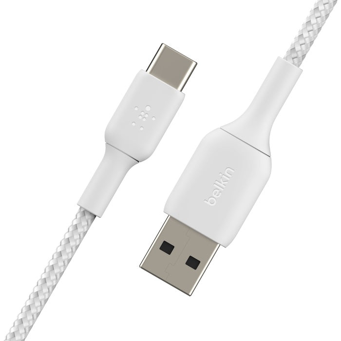 Belkin BoostCharge Braided USB-C to USB-A Cable (1M) - White (CAB002bt1MWH), 3A/15W, 480Mbps, 30K+ Bends, Apple, USB-IF Certified, 2 Years Warranty