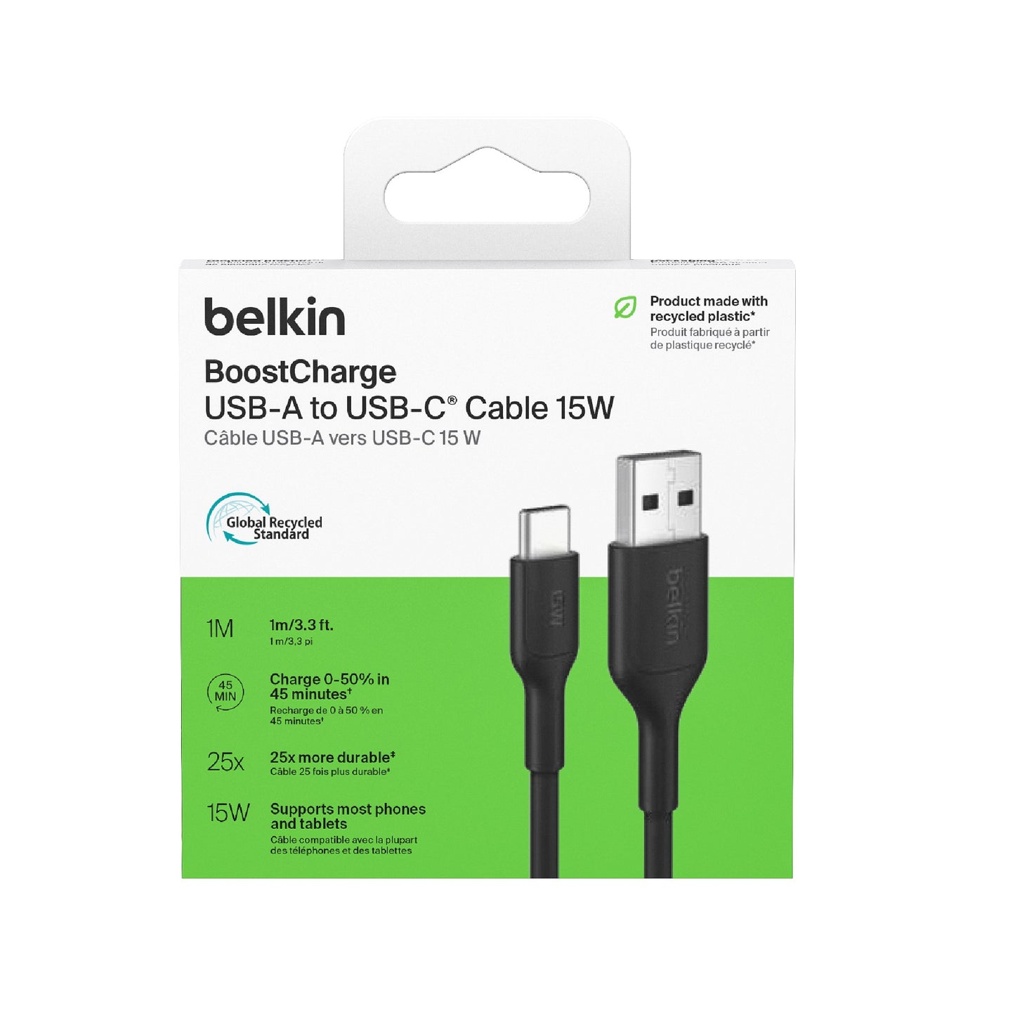 Belkin BoostCharge USB-C to USB-A Cable (1M) - Black (CAB021fq1MBK),3A/15W, 480MBPS, 300K+ Bends, Apple, Samsung, USB-IF Certified,2 Years Warranty