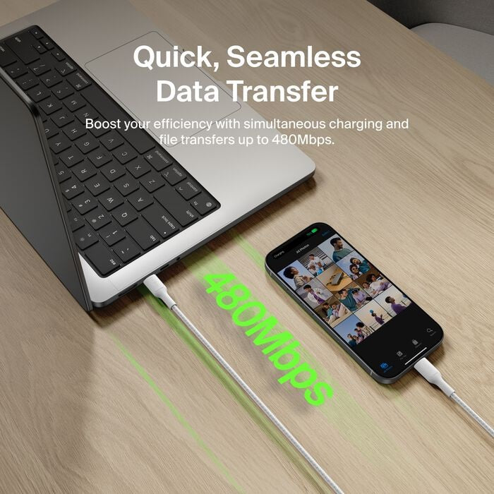 Belkin BoostCharge Pro Braided USB-C to USB-C Cable (2M) -White (CAB025fq2MWH), 5A/240W, 480Mbps, 350K+ Bend, USB-IF Certified, 2 Years Warranty