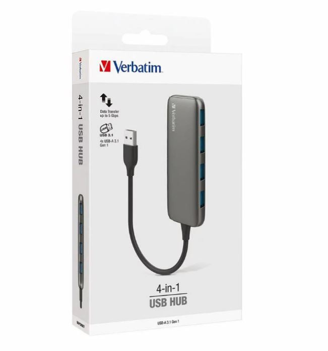 Verbatim USB 3.1 Gen 1 Hub, plug and play. SuperSpeed Transfer Rate up to 5Gbps, Backwards Compatible with USB 2.0 and 1. Slim profile.