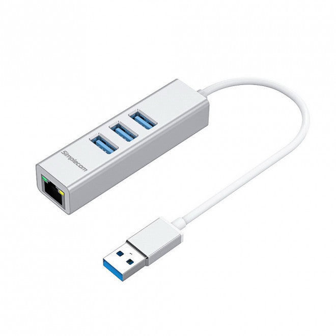 Simplecom CHN420 Silver Aluminium 3 Port SuperSpeed USB HUB with Gigabit Etherne image 0