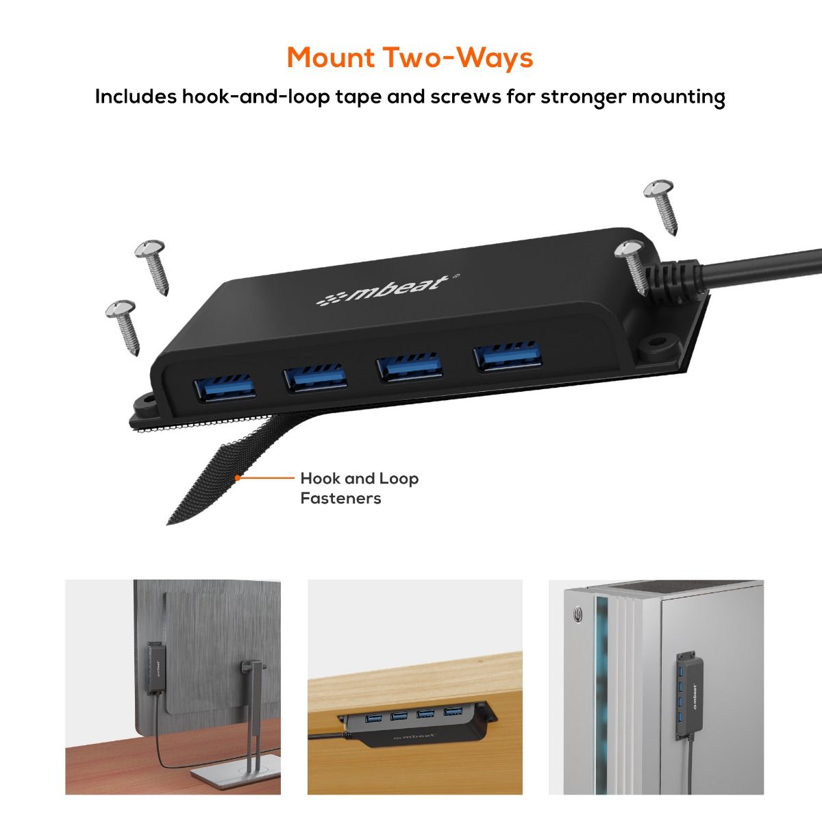 mbeat® Mountable 4-Port USB-A & USB-C Adapter Hub - 60cm Data Cable, USB 3.0, 2 image 1