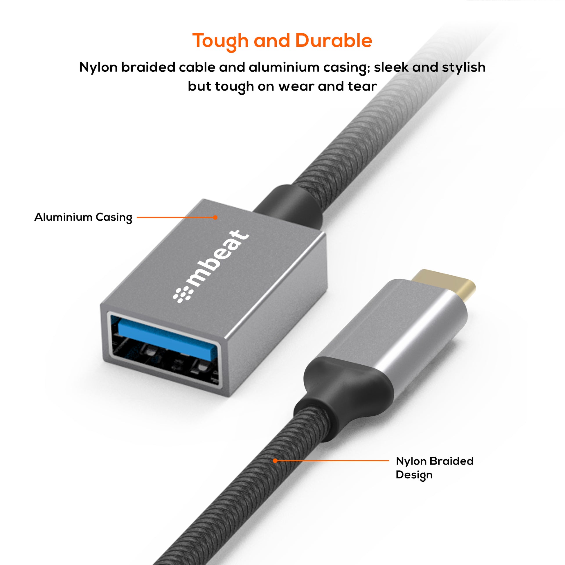 mbeat 'Tough Link' USB-C to USB 3.0 Adapter with Cable - Space Grey image 2