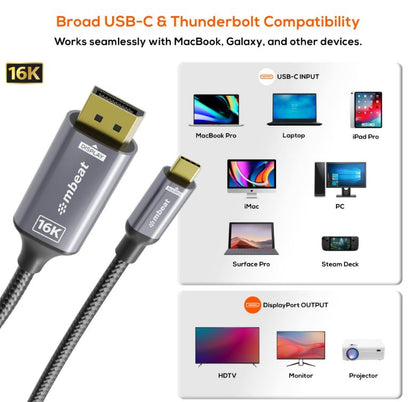 mbeat Tough Link 1.8m 16K USB-C to DP Cable - Space Grey 40Gbps USB-C (male) to image 2