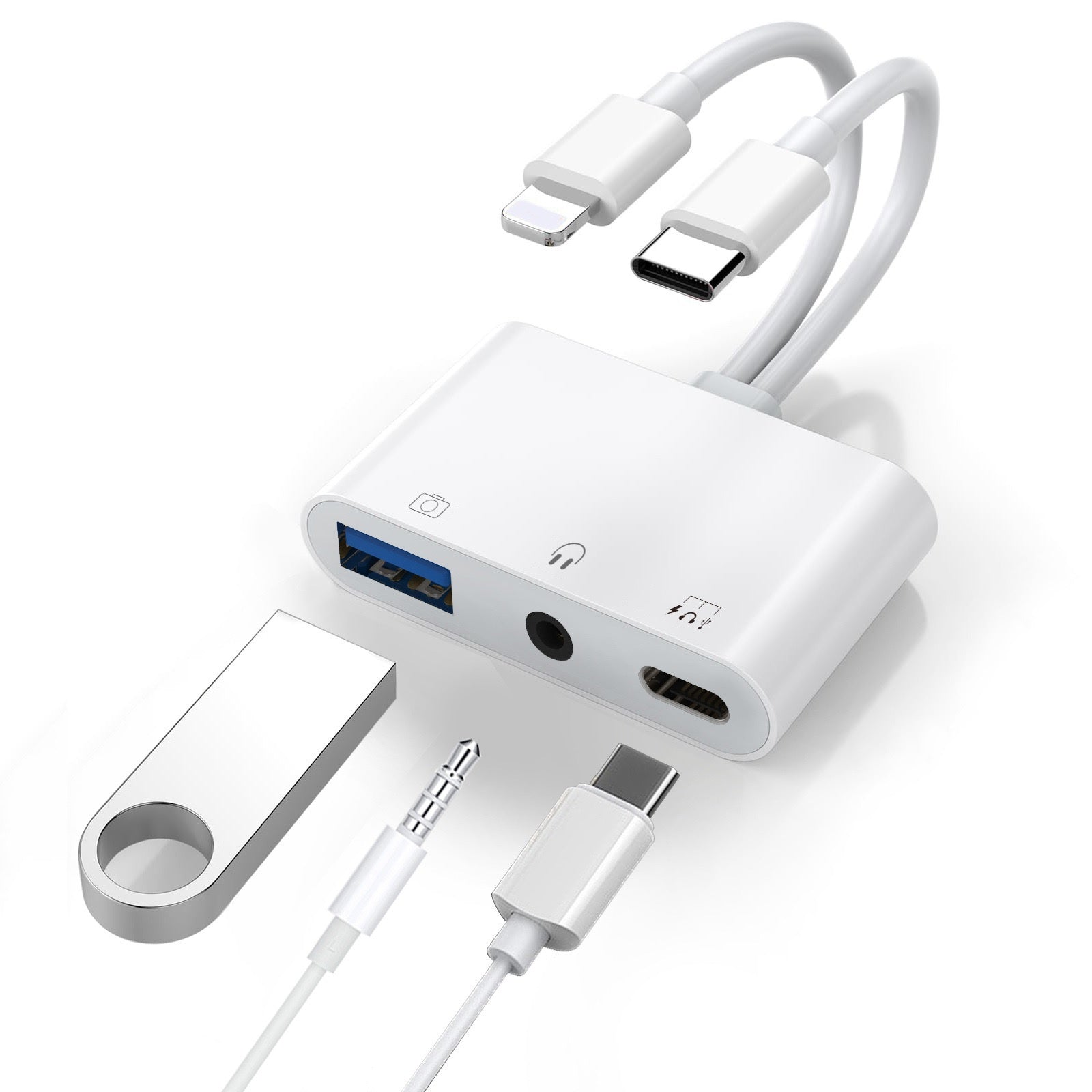 Generic Lightning/USB-C to USB Adapter features a USB OTG Port, 3.5mm Headphone image 0