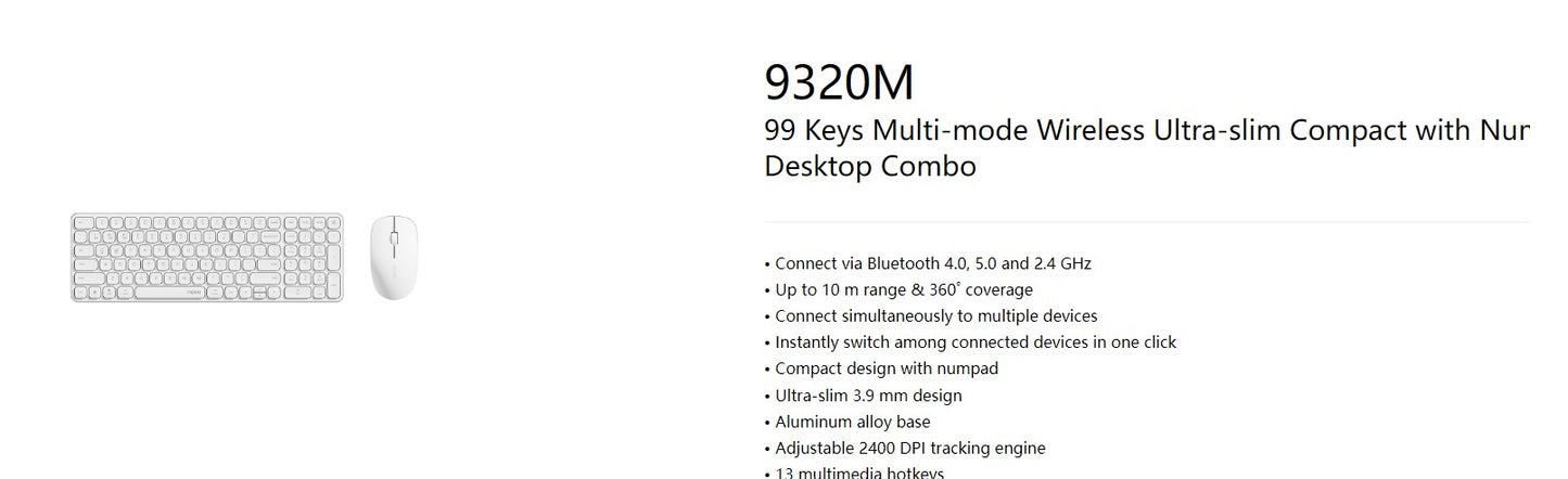 RAPOO 9320M Bluetooth 4.0, 5.0 + 2.4G  Wireless Multi-mode Keyboard Mouse Combo, image 0