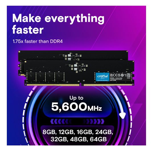 Crucial 64GB (1x64GB) DDR5 UDIMM 5600MHz CL46 Desktop PC Memory image 2