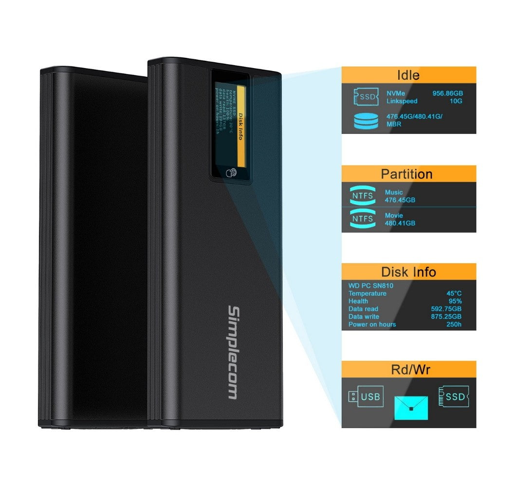 Simplecom SE530 NVMe / SATA M.2 SSD to USB-C Enclosure with SMART LED Screen USB image 1