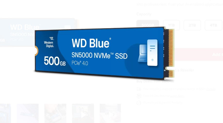 Western Digital WD Blue SN5000 NVMe™ 500GB SSD M.2 2280, 5,000MB/s R 4,000MB/s image 1