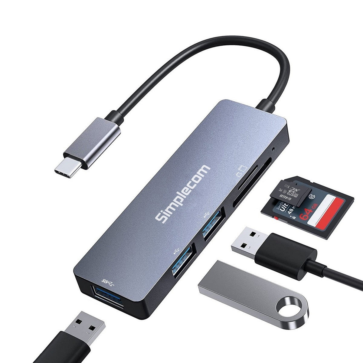 Simplecom CH255 USB-C 5-in-1 Multiport Adapter 3-Port USB-A Hub with SD MicroSD image 1