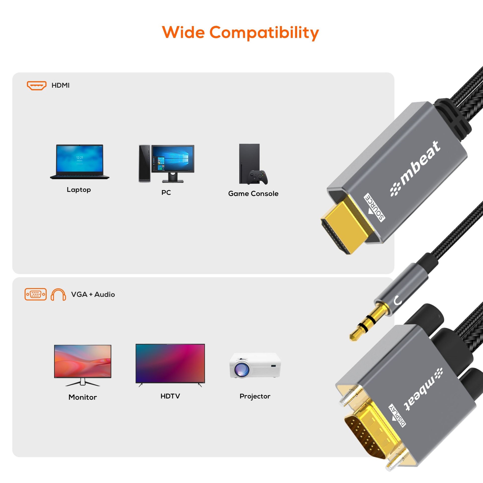 mbeat Tough Link 1.8m HDMI to VGA Cable with USB Power & 3.5mm Audio Up to 1080p image 2