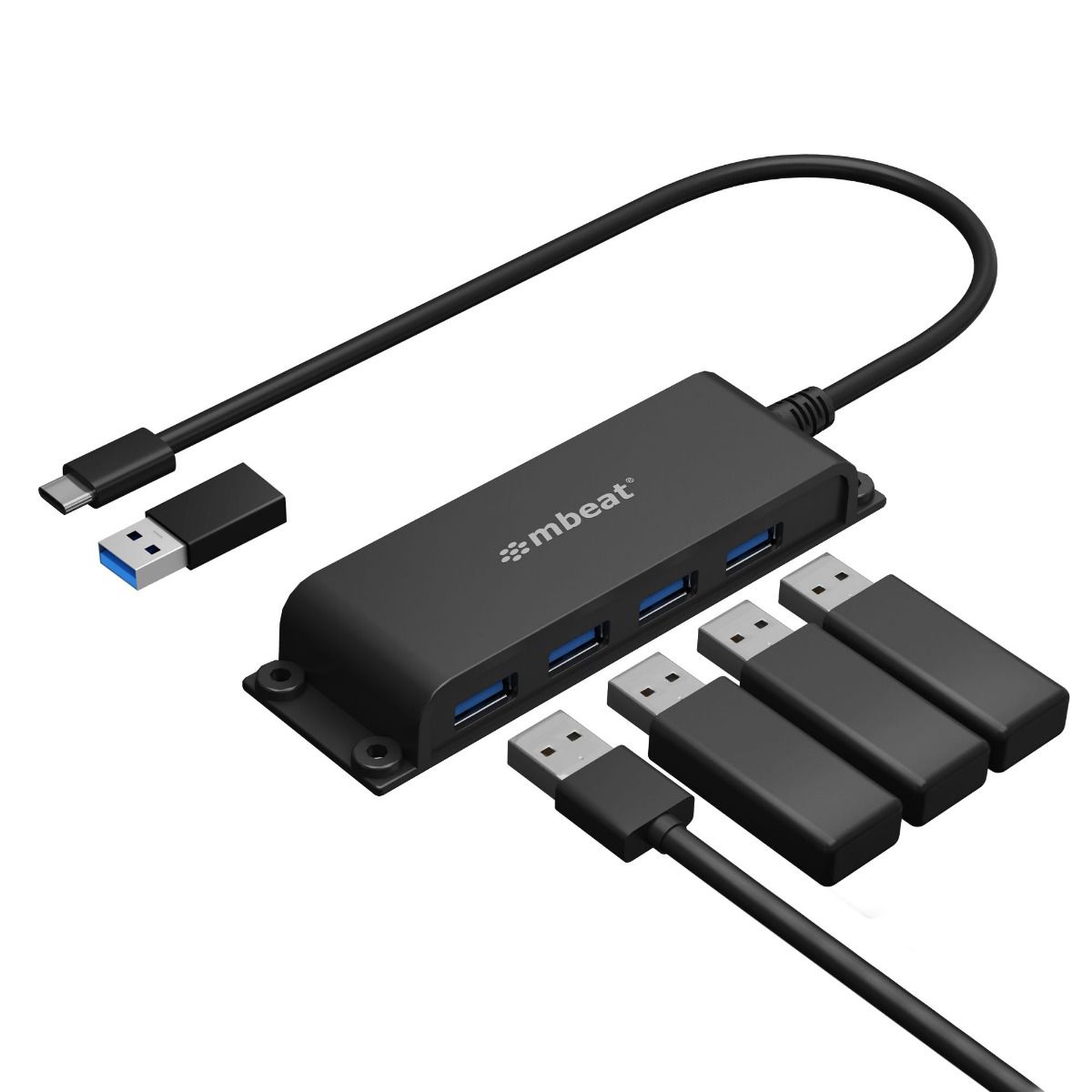 mbeat® Mountable 4-Port USB-A & USB-C Adapter Hub - 60cm Data Cable, USB 3.0, 2 image 0