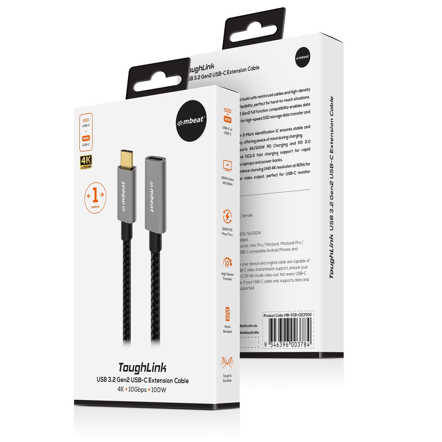 mbeat Tough Link 1m USB 3.2 Gen2 USB-C Extension Cable - Space Grey Video Resolu image 3