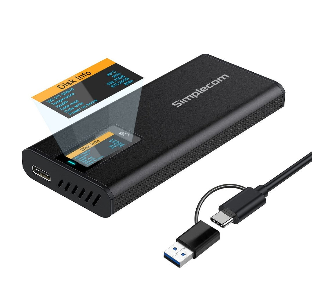 Simplecom SE530 NVMe / SATA M.2 SSD to USB-C Enclosure with SMART LED Screen USB image 0
