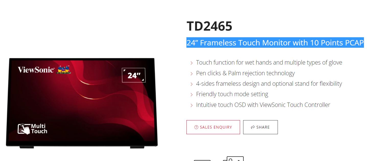 ViewSonic 24' TD2465 10 Points PCAP POS, Retail, Mining. Wet & Multi-Glove high- image 0