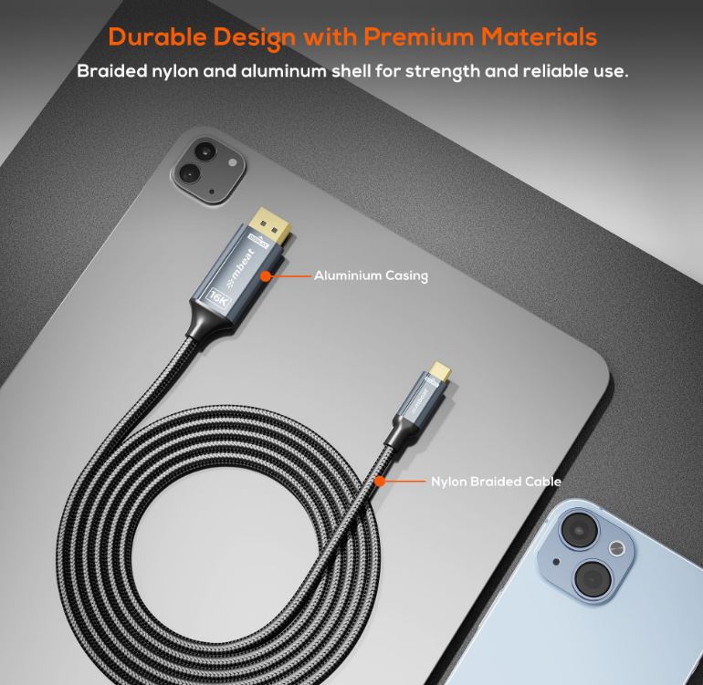 mbeat Tough Link 1.8m 16K USB-C to DP Cable - Space Grey 40Gbps USB-C (male) to image 3