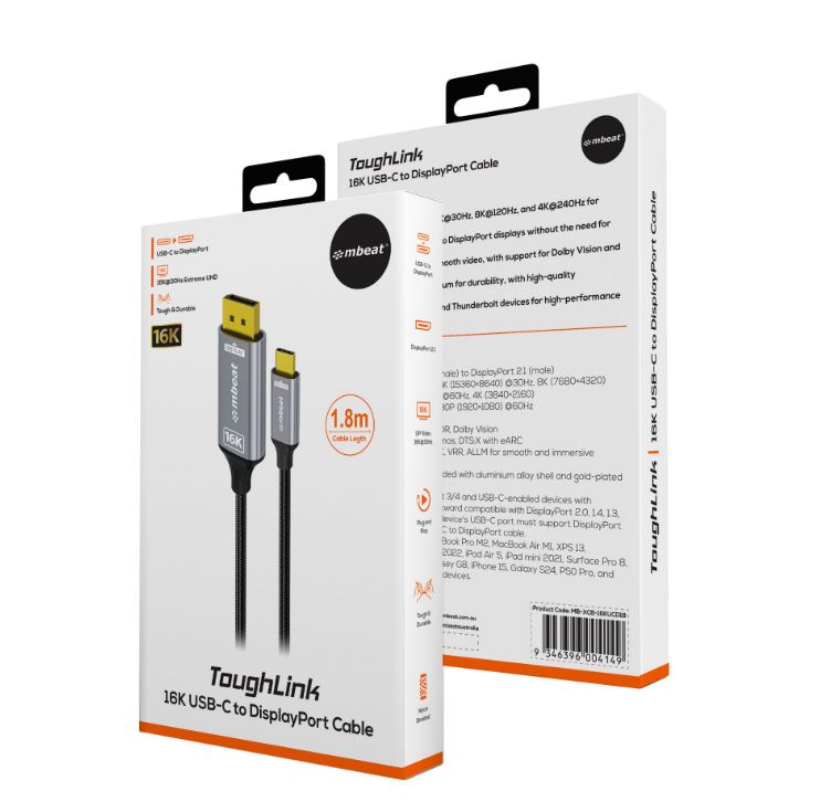 mbeat Tough Link 1.8m 16K USB-C to DP Cable - Space Grey 40Gbps USB-C (male) to image 0