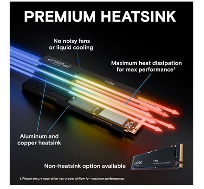 Crucial T705 4TB Gen5 NVMe SSD Heatsink - 14100/12600 MB/s R/W 2400TBW 1500K IOP image 3