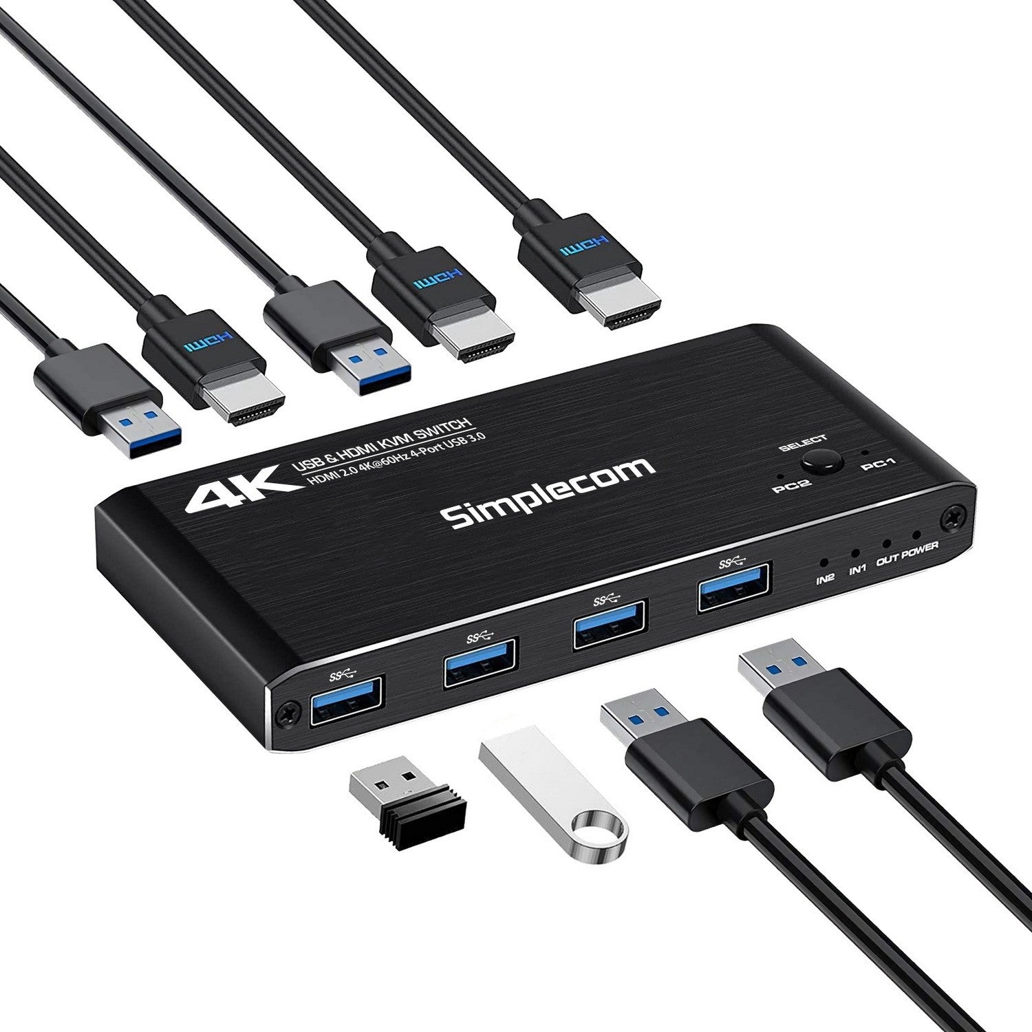 Simplecom KM420 2-Port HDMI KVM Switch HDMI 2.0 4K@60Hz 4-Port USB 3.0 Hub 5Gbps image 1