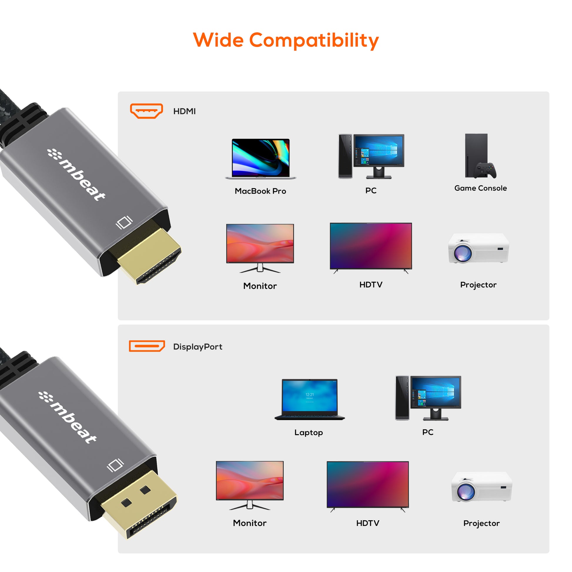 mbeat Tough Link 1.8m 4K/60Hz Display Port to HDMI Cable -  Connects DisplayPort image 2
