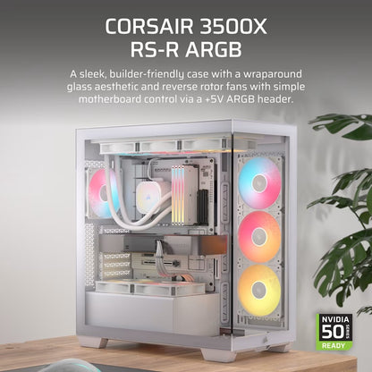 Corsair 3500X RS-R ARGB Mid-Tower PC Case - White, E-ATX Support, Side 360mm Rad, Tempered Glass, USB-C, 2x SSD, 2x HDD, 425mm GPU, RS ARGB Fans