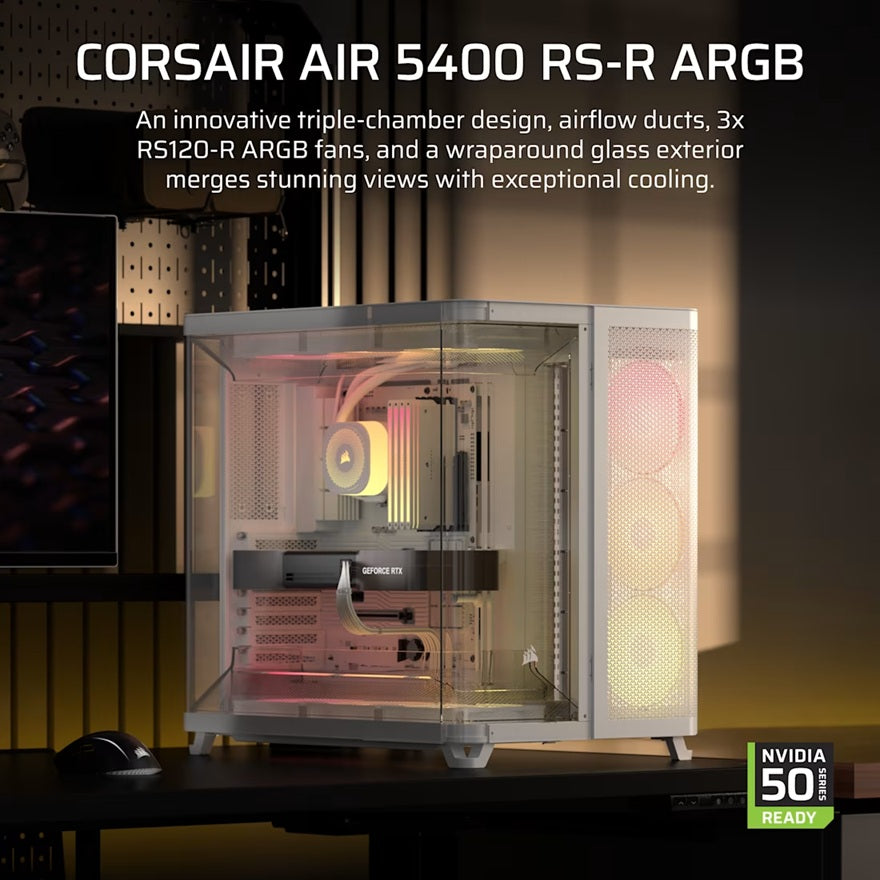 Corsair AIR 5400 RS-R ARGB Mid-Tower ATX Case - White, Triple-Chamber, 360mm Rad Support, Glass Panels, USB-C, ATX/E-ATX, 2x SSD, 1x HDD