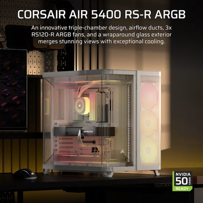 Corsair AIR 5400 RS-R ARGB Mid-Tower ATX Case - White, Triple-Chamber, 360mm Rad Support, Glass Panels, USB-C, ATX/E-ATX, 2x SSD, 1x HDD