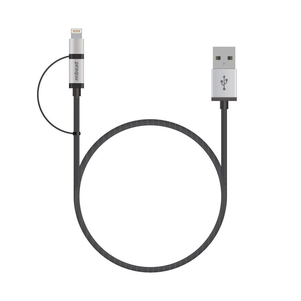 (LS) mbeat® 1m Lightning and Micro USB Data Cable - 2-in-1/Aluminmum Shell Crush-Proof/Nylon Braided/Silver/ Apple/Andriod Tablet Mobile Device