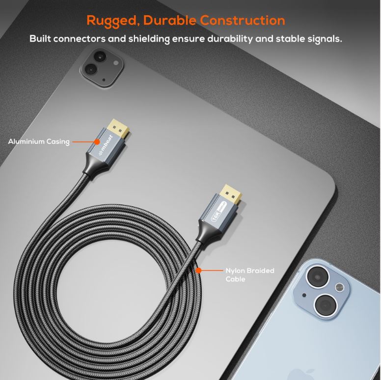 mbeat Tough Link 1.8m 16K DP to DP Cable - Space Grey 40Gbps 180cm × 2.2cm × 1