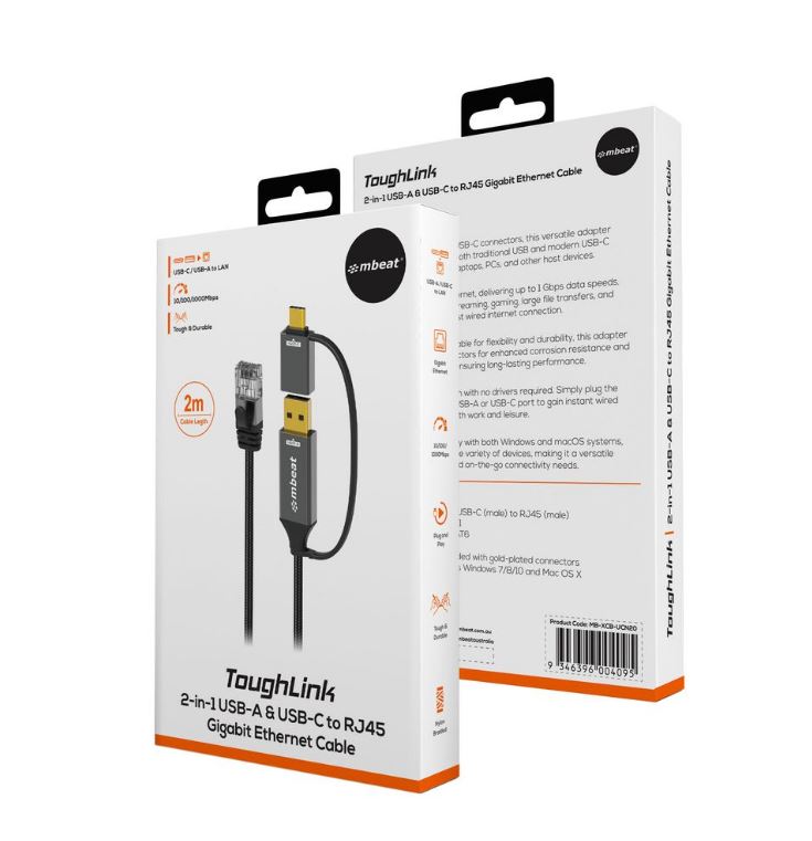 mbeat Tough Link 2m USB & USB-C to RJ45 Ethernet Cable - Space Grey